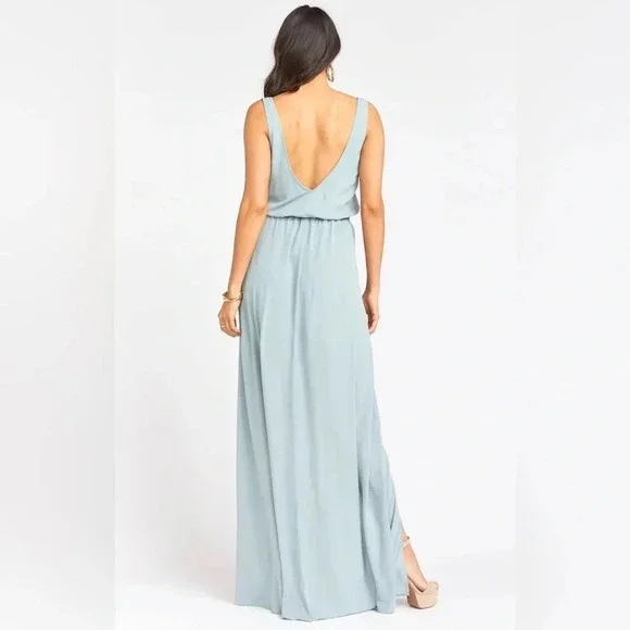 Show Me Your Mumu Kendall Chiffon Maxi Dress V-neck Size Large Silver Sage Blue - Picture 2 of 10